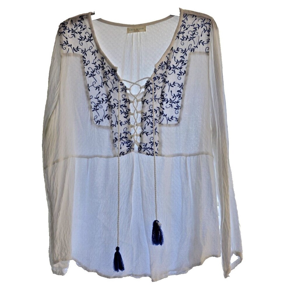Kate & Sam White Embroidered in Blue Boho Blouse 1XL